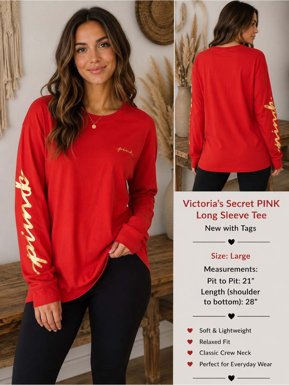 PINK Victoria's Secret Red Long Sleeve Logo Tee